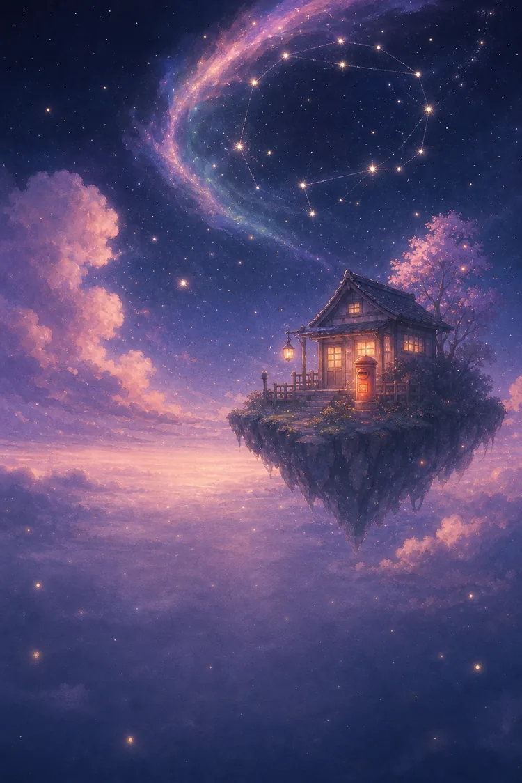a small starry post office drifting in the clouds